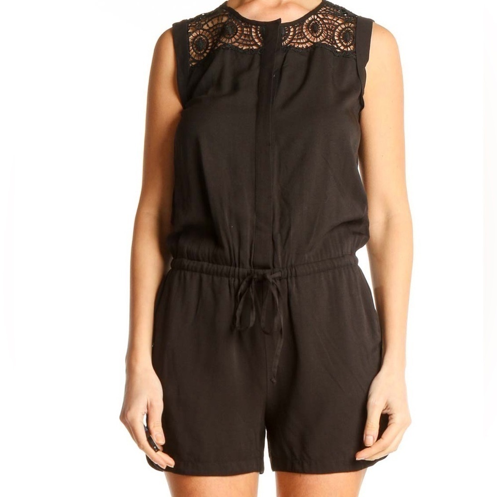 LOFT Black Crochet Lace Romper Women's XXS Petite Sleeveless Drawstring Waist